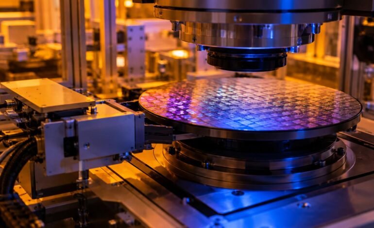 An overhead editorial photograph of a modern semiconductor cleanroom facility, featuring robotic automated material handling systems moving silicon wafers under amber-tinted industrial lighting.