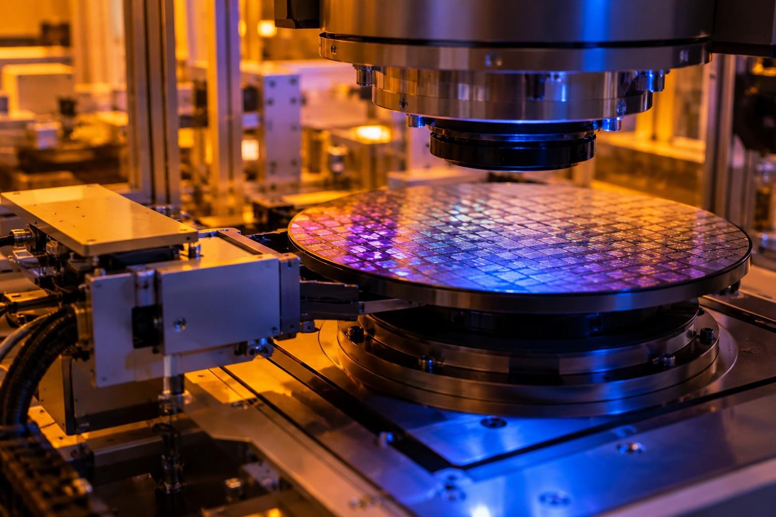 An overhead editorial photograph of a modern semiconductor cleanroom facility, featuring robotic automated material handling systems moving silicon wafers under amber-tinted industrial lighting.