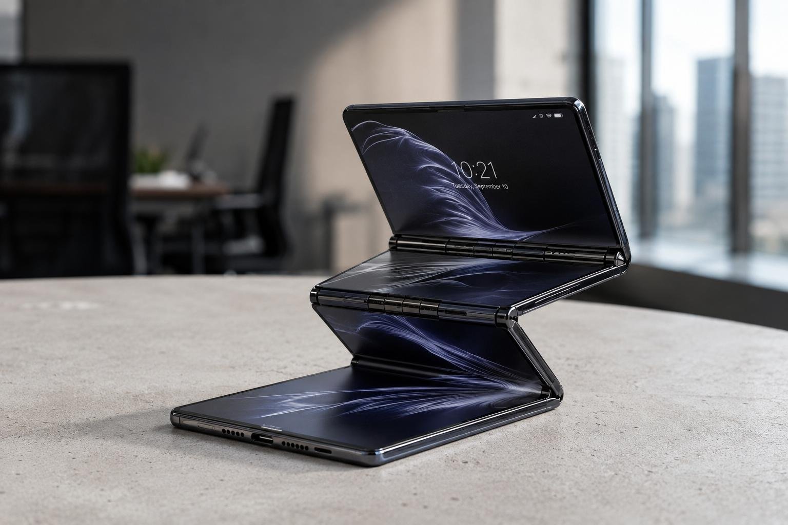 A clean, eye-level studio photograph of a premium triple-folding smartphone resting on a dark slate surface. The device is captured in a semi-unfolded state, clearly showing the dual titanium hinges and the continuous 10-inch flexible screen transitioning between three separate panel segments.