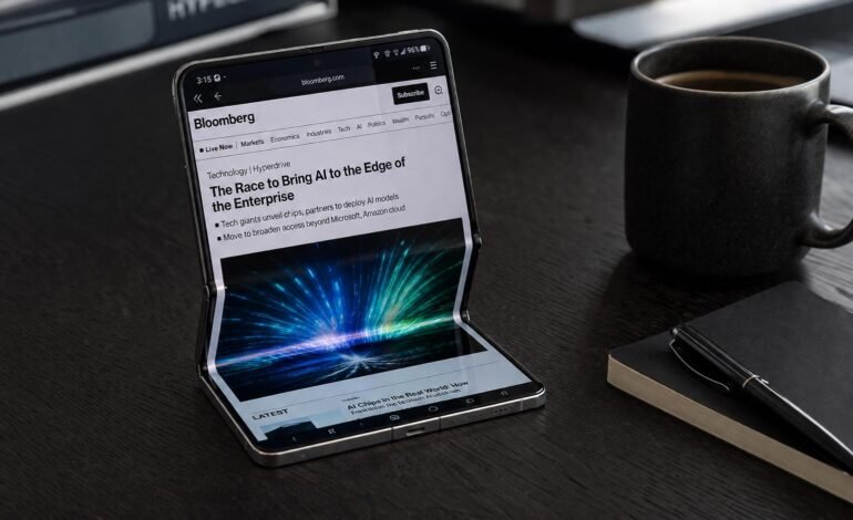 Samsung Galaxy Z TriFold smartphone partially unfolded on a dark wooden desk, showcasing its titanium double-hinge mechanism and expansive 10-inch flexible AMOLED display.