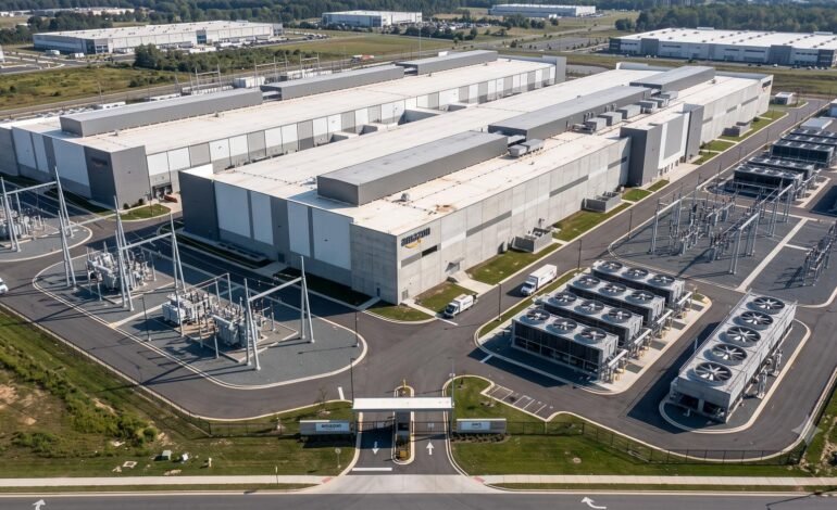 Exterior view of a modern Amazon Web Services data center facility under a clear sky.