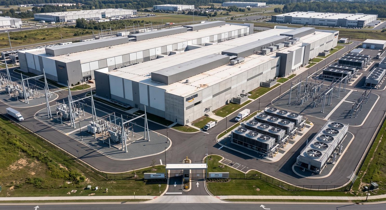 Exterior view of a modern Amazon Web Services data center facility under a clear sky.