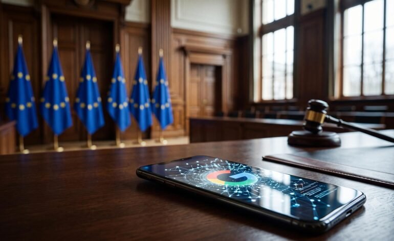 A stylized, photorealistic image of the European Union flag superimposed over a glowing smartphone screen displaying lines of code, representing the intersection of European regulation and mobile technology.