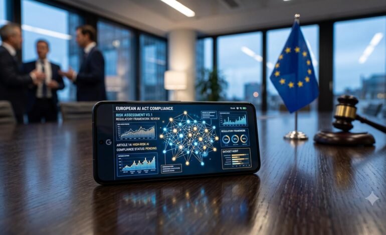 A modern Android smartphone displaying a complex artificial intelligence interface resting on a boardroom table, with a blurred European Union flag in the background representing digital regulation.