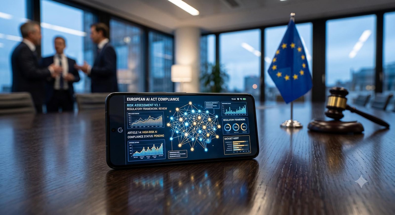 A modern Android smartphone displaying a complex artificial intelligence interface resting on a boardroom table, with a blurred European Union flag in the background representing digital regulation.