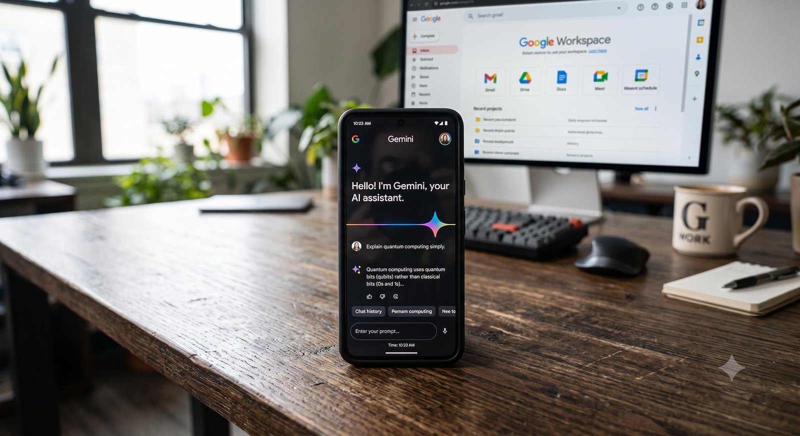 A smartphone displaying the Google Gemini app interface resting on a desk, illustrating the newly launched Gemini Spark AI agent.