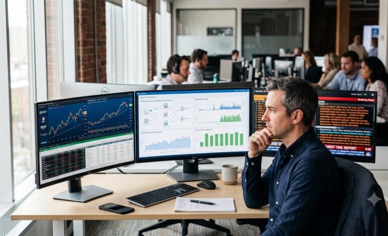 A well-lit, modern corporate newsroom setting showing a professional journalist at a desk, reviewing data charts and financial metrics on dual computer monitors, with blurred office activity in the background.