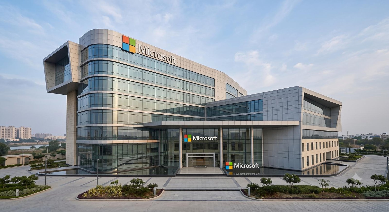 A large exterior sign displaying the Microsoft corporate logo on a modern glass office building under a clear sky.