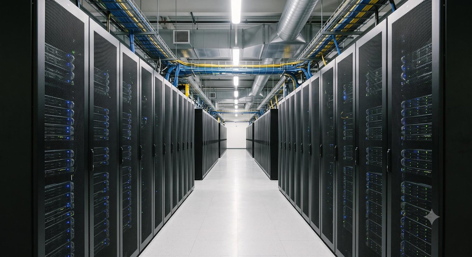 A wide shot of a modern, brightly lit server farm aisle with rows of black server racks.