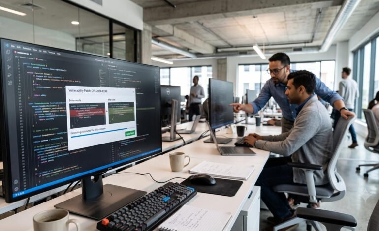 A brightly lit, modern corporate engineering office where software developers collaborate in front of large dual monitors displaying complex code structures and a highlighted automated security patch interface.