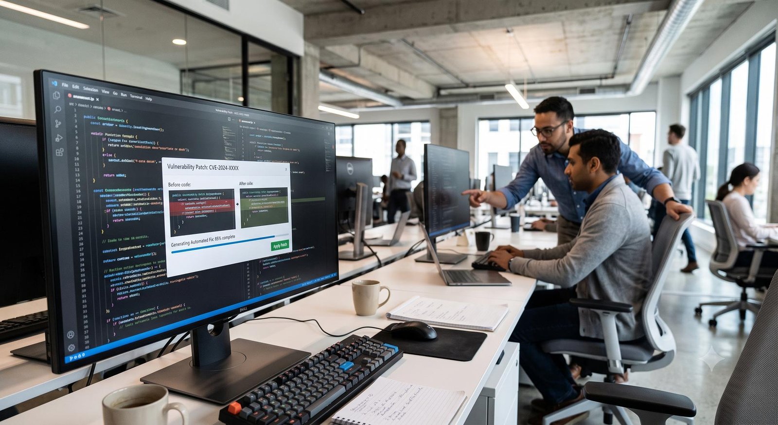 A brightly lit, modern corporate engineering office where software developers collaborate in front of large dual monitors displaying complex code structures and a highlighted automated security patch interface.