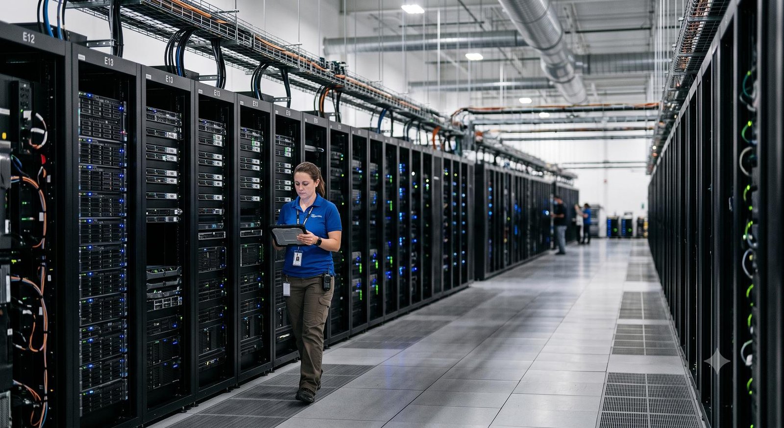 A professional view of a modern enterprise data center aisle with black server racks illuminated by subtle green and blue indicator lights.