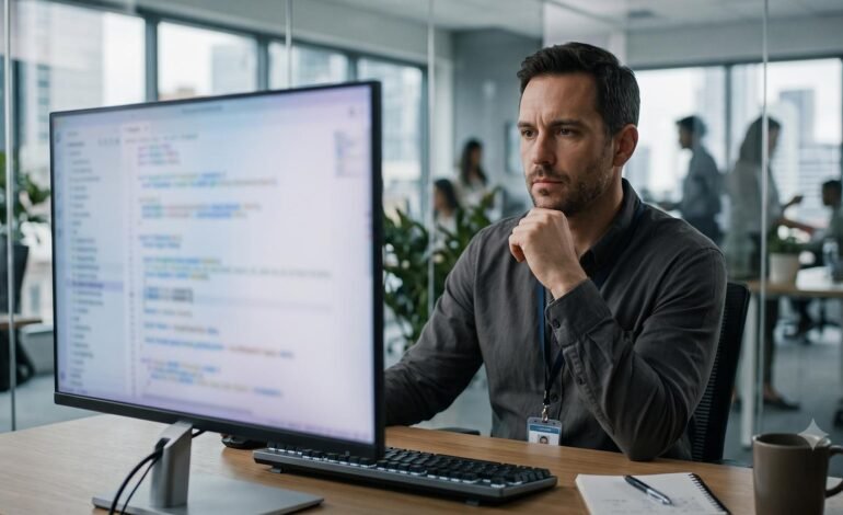 A close-up profile of a software engineer looking at lines of code reflecting off their glasses in a dimly lit server room, representing the workforce behind AI development.