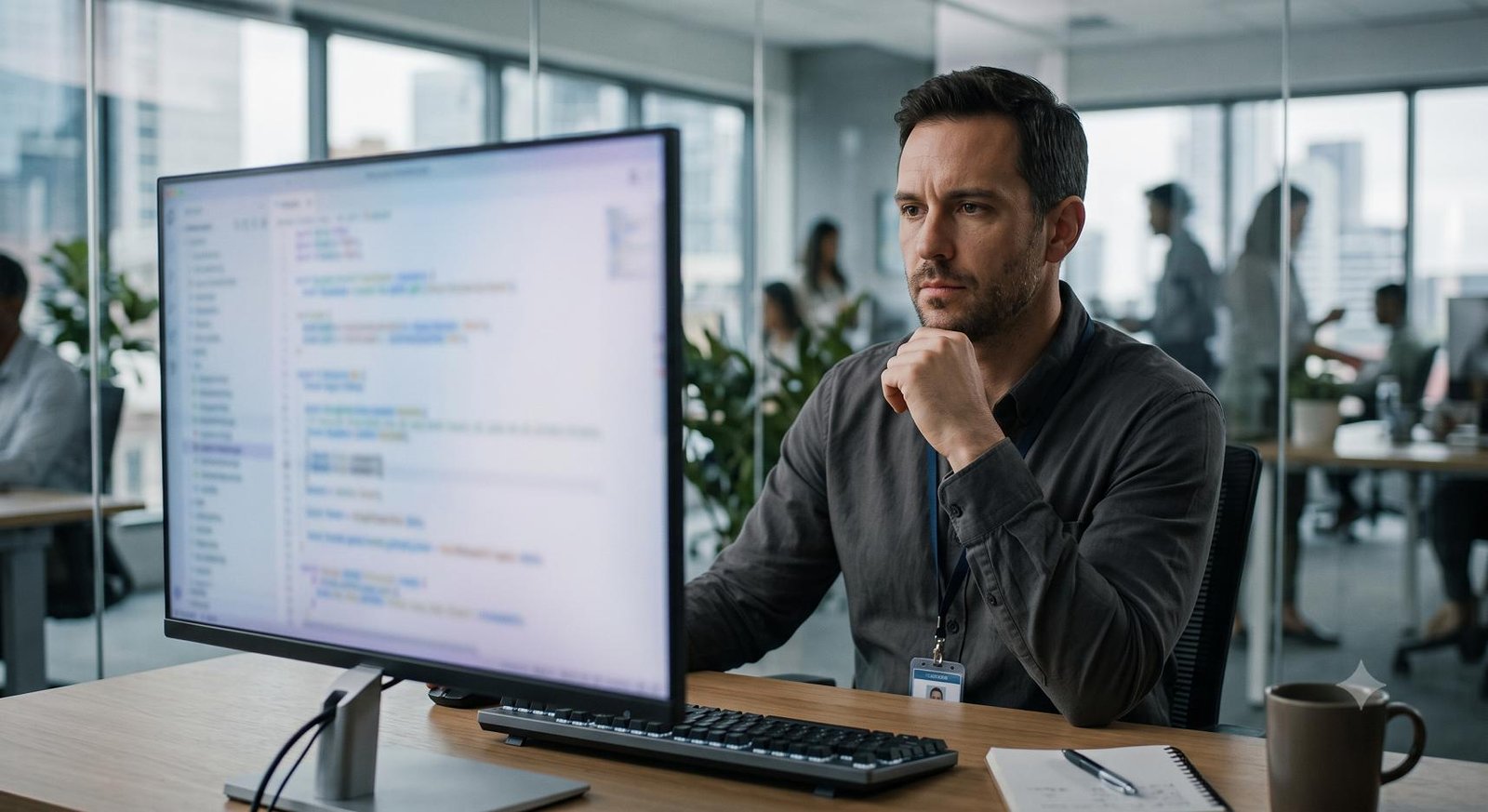 A close-up profile of a software engineer looking at lines of code reflecting off their glasses in a dimly lit server room, representing the workforce behind AI development.