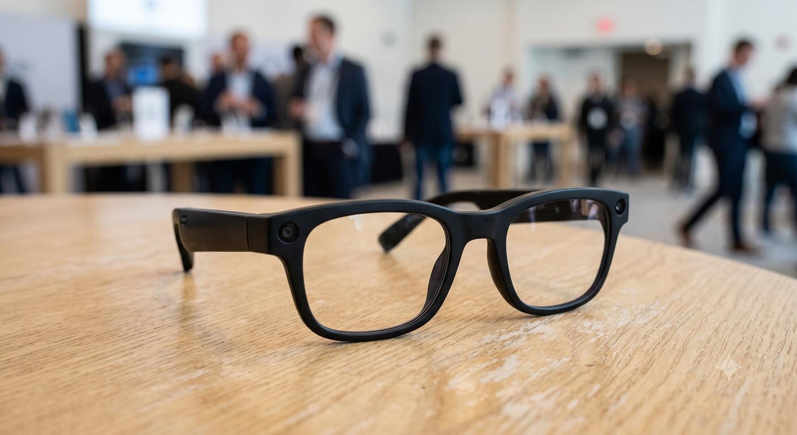 A close-up photograph of Samsung's new black smart glasses resting on a wooden table, featuring thick frames and small camera lenses embedded near the hinges.