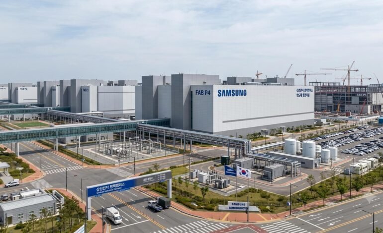 Exterior of a Samsung Electronics semiconductor manufacturing facility in Pyeongtaek, South Korea, showing massive modern industrial buildings under a clear sky.