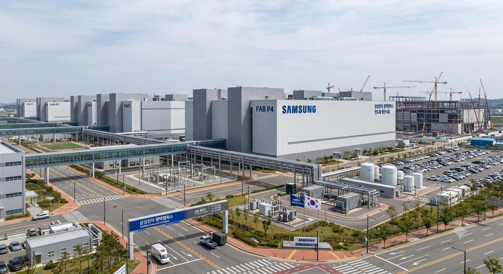 Exterior of a Samsung Electronics semiconductor manufacturing facility in Pyeongtaek, South Korea, showing massive modern industrial buildings under a clear sky.