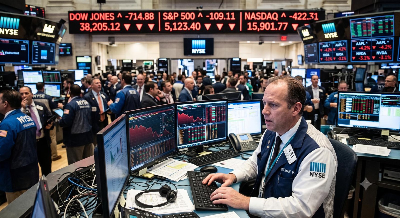 A wide shot of the New York Stock Exchange trading floor with electronic boards displaying downward-trending stock charts in red.