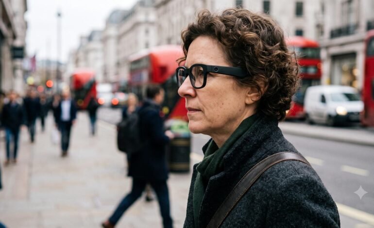 A close-up side profile of a person wearing black smart glasses on a busy city street, focusing on the small camera lens embedded in the frame.