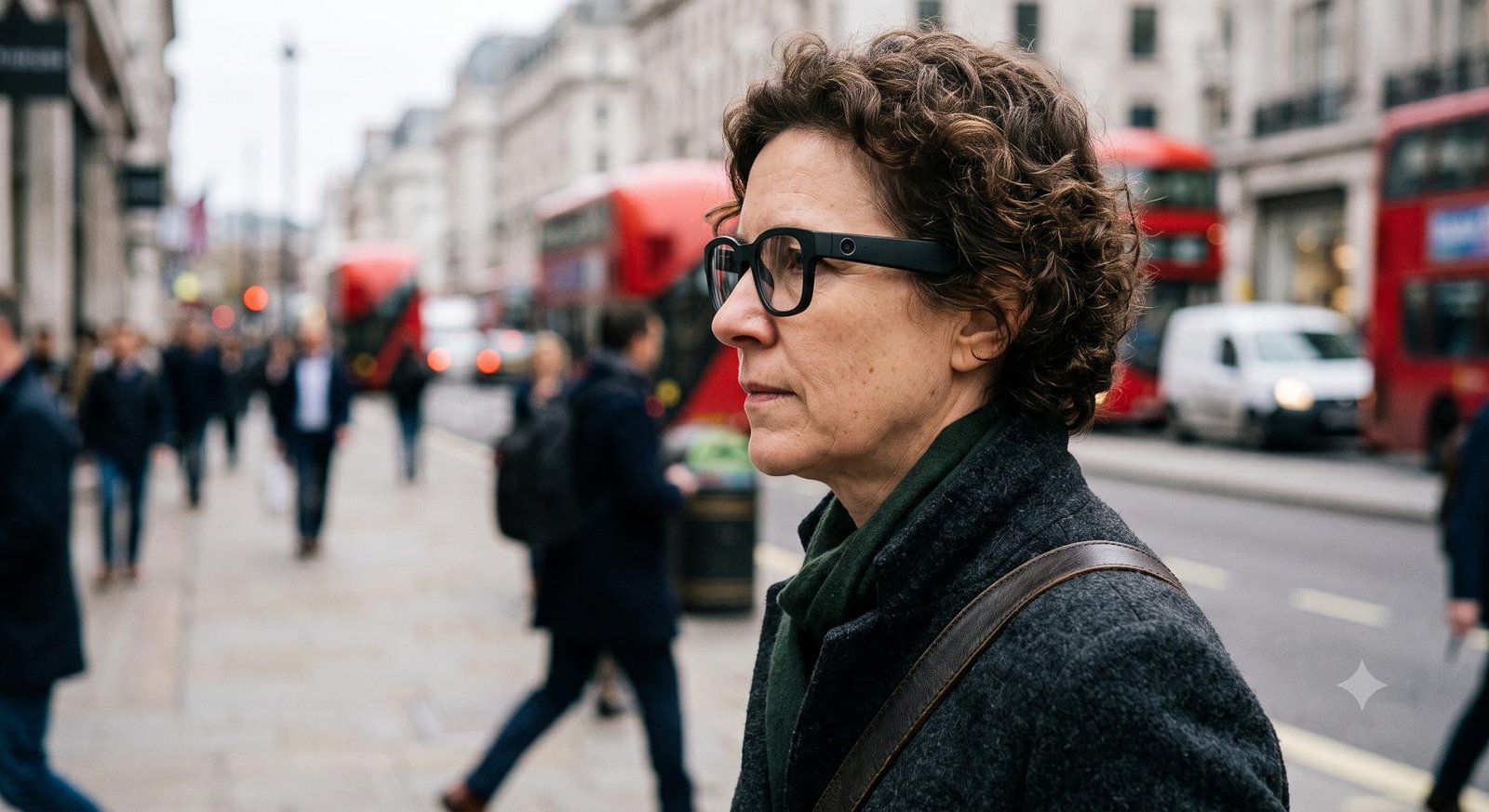 A close-up side profile of a person wearing black smart glasses on a busy city street, focusing on the small camera lens embedded in the frame.