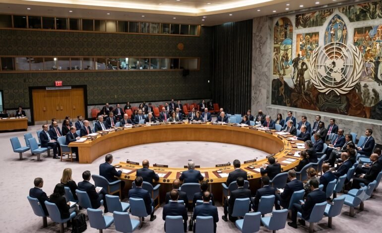 A wide shot of the United Nations Security Council chamber in New York during a formal session, with delegates seated at the circular table.