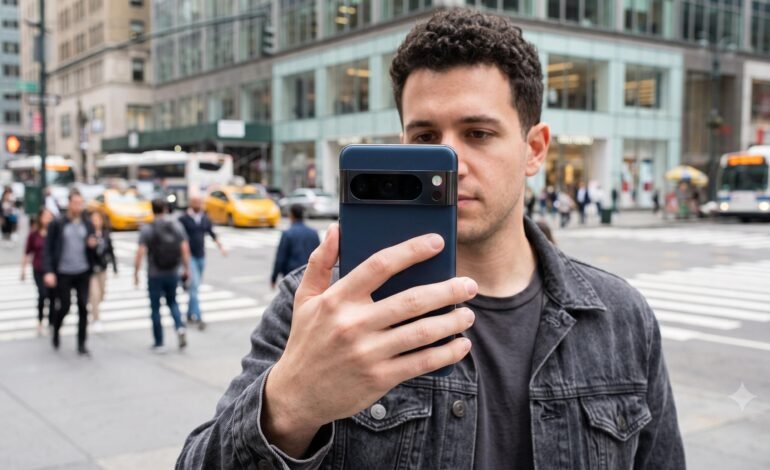 Close-up of a person holding a smartphone with a glowing circular light on the rear camera bar, standing outdoors in a city environment.