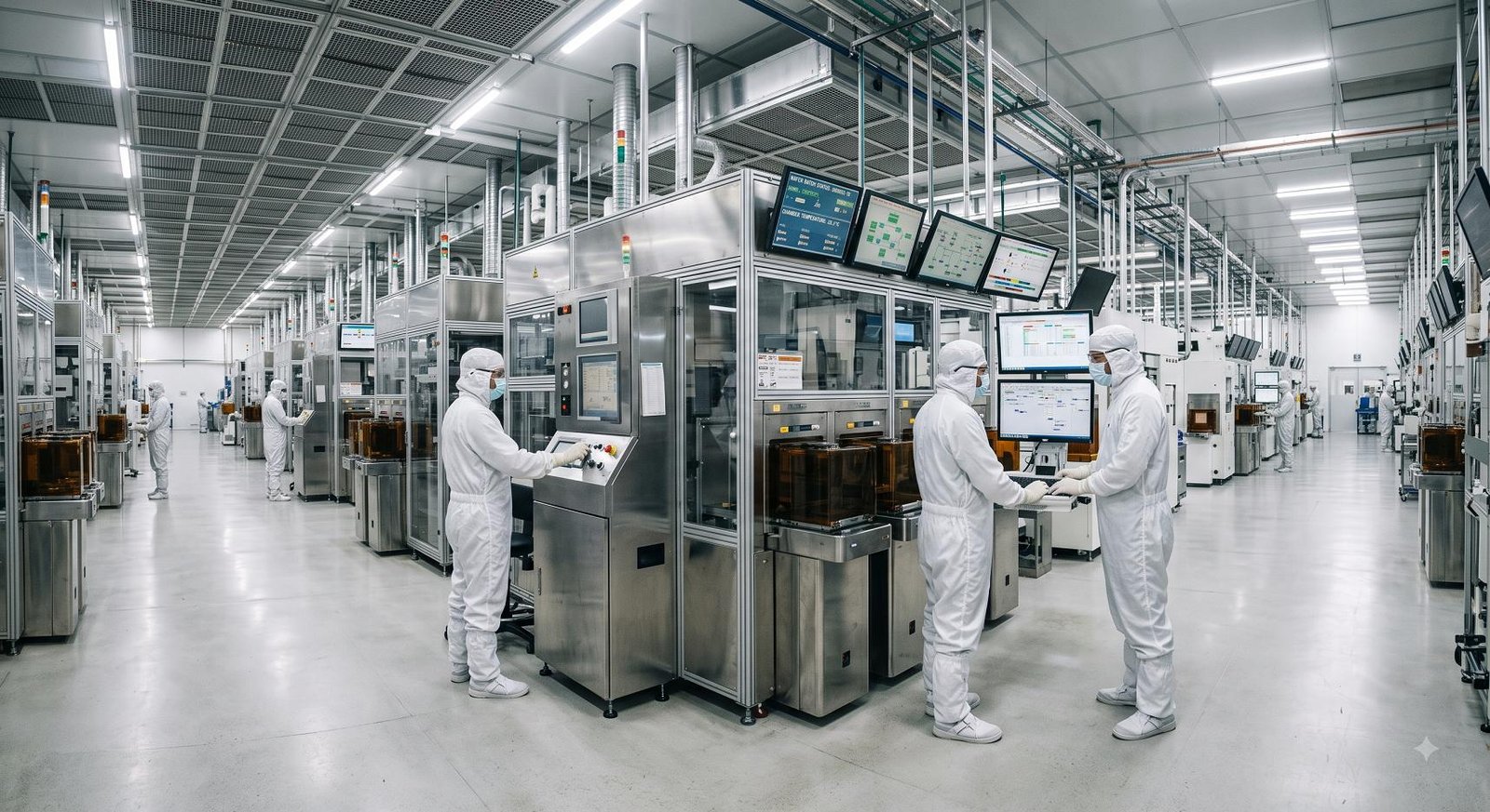 Workers in cleanroom suits operate advanced semiconductor manufacturing equipment inside a brightly lit fabrication facility.